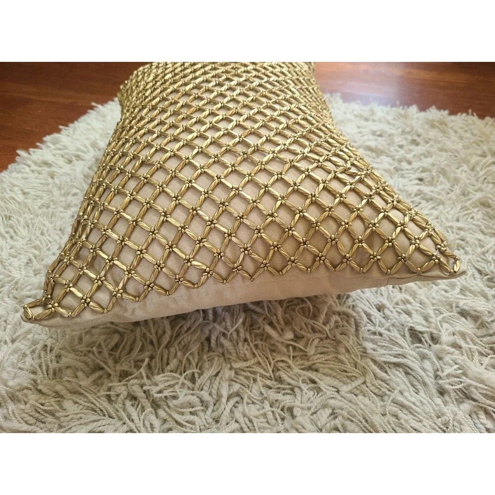 Pier 1 Gold Beaded Lattice Elegant Throw Decorative Pillow 18